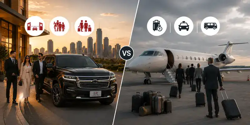 Luxury Chevrolet Suburban with the official Lavish Ride logo and chauffeur compared with private air travel, highlighting door-to-door convenience.